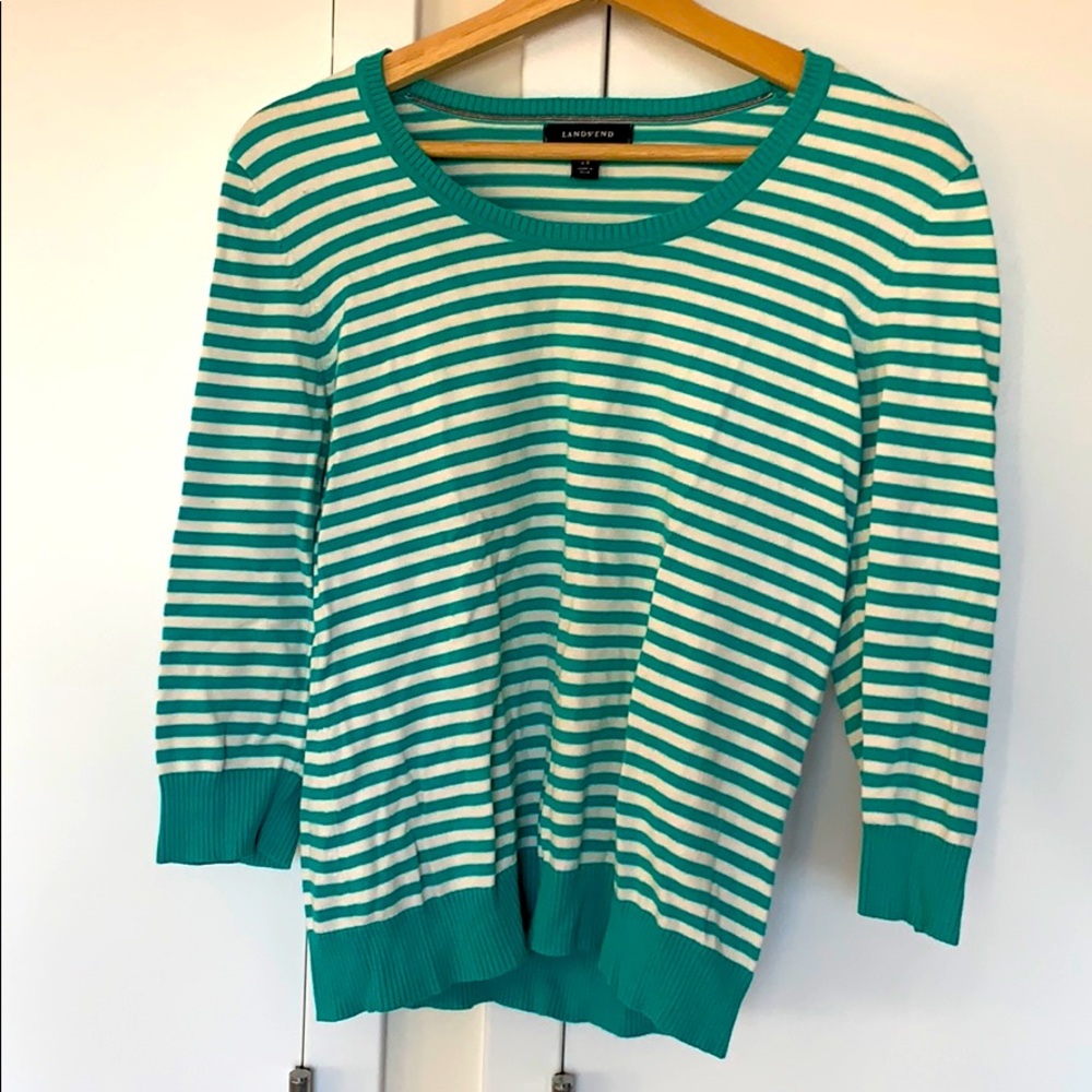 Land’s End turquoise stripe 3/4 sleeve sweater